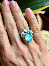 Load image into Gallery viewer, Goddess Mother of Pearl and Apatite with Larimar and Peridot Crown Ring, Size 6
