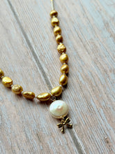 Load image into Gallery viewer, Golden Bow and Freshwater Pearl Petite Gold Fill Necklace