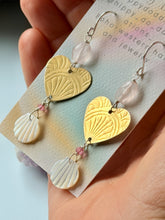 Load image into Gallery viewer, Mixed Metal Mother of Pearl and Rose Quartz Boho Brass Dangle Earrings