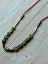 Load image into Gallery viewer, Green Flashy Labradorite and Garnet Gemstone Beaded Necklace