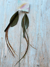 Load image into Gallery viewer, Light As A Feather FUN Dark Olive Green Rooster Feather Silver Hoop Earrings