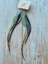 Load image into Gallery viewer, Light As A Feather FUN Periwinkle Galaxy Sparkly Rooster Feather Silver Hoop Earrings