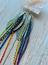 Load image into Gallery viewer, Light As A Feather FUN Periwinkle Galaxy Sparkly Rooster Feather Silver Hoop Earrings