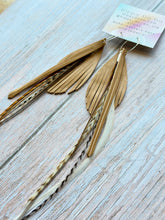Load image into Gallery viewer, Light As A Feather FUN Tan Nubuck Rooster Feather Silver Hoop Earrings