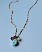 Load image into Gallery viewer, Ocean Waves Freshwater Pearl, Larimar And Ruby 14k Gold Fill Necklace