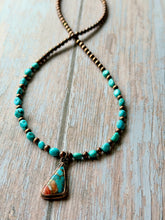 Load image into Gallery viewer, Spiny Oyster Mohave ans Sleeping Beauty Turquoise and Rustic Copper Forever Necklace