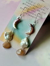 Load image into Gallery viewer, Mermaid Iridescent Crescent Moon, Baroque Pearl and Peach Moonstone Sterling Silver Dangle Earrings