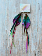 Load image into Gallery viewer, Light As A Feather FUN Lisa Frank Rooster Feather Silver Hoop Earrings