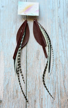 Load image into Gallery viewer, Light As A Feather FUN Garnet GAMEDAY Rooster Feather Gold Hoop Earrings