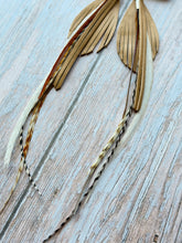 Load image into Gallery viewer, Light As A Feather FUN Tan Nubuck Rooster Feather Silver Hoop Earrings
