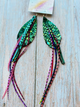 Load image into Gallery viewer, Light As A Feather FUN Teal Python Rooster Feather Silver Hoop Earrings