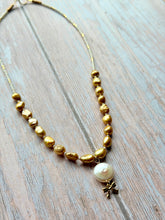Load image into Gallery viewer, Golden Bow and Freshwater Pearl Petite Gold Fill Necklace