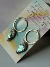 Load image into Gallery viewer, Mermaid Iridescent Peacock Pearl and Tiny Amethyst Sterling Silver Dangle Earrings