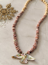 Load image into Gallery viewer, Mother of Pearl Flying Bird and Rhodochrosite and wood Beaded Necklace
