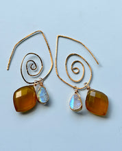 Load image into Gallery viewer, Treasure Trunk Mixed Metal, Moonstone and Yellow Chalcedony Gemstone Hammered Dangle Earrings
