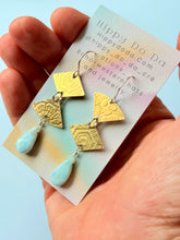 Load image into Gallery viewer, Mixed Metal Natural Larimar and Abstract Brass Dangle Earrings
