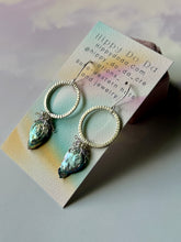 Load image into Gallery viewer, Mermaid Iridescent Peacock Pearl and Tiny Amethyst Sterling Silver Dangle Earrings
