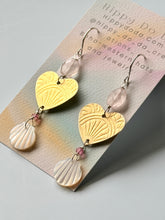Load image into Gallery viewer, Mixed Metal Mother of Pearl and Rose Quartz Boho Brass Dangle Earrings
