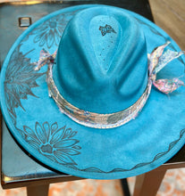 Load image into Gallery viewer, The Little Wing Hat, Blue Burned Wide Brim Fedora Hat
