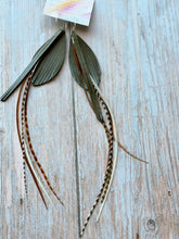 Load image into Gallery viewer, Light As A Feather FUN Dark Olive Green Rooster Feather Silver Hoop Earrings
