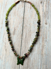 Load image into Gallery viewer, Autumn Refresh Vintage Hand Carved Jade Butterfly and Tourmaline and Peridot Gemstone Necklace
