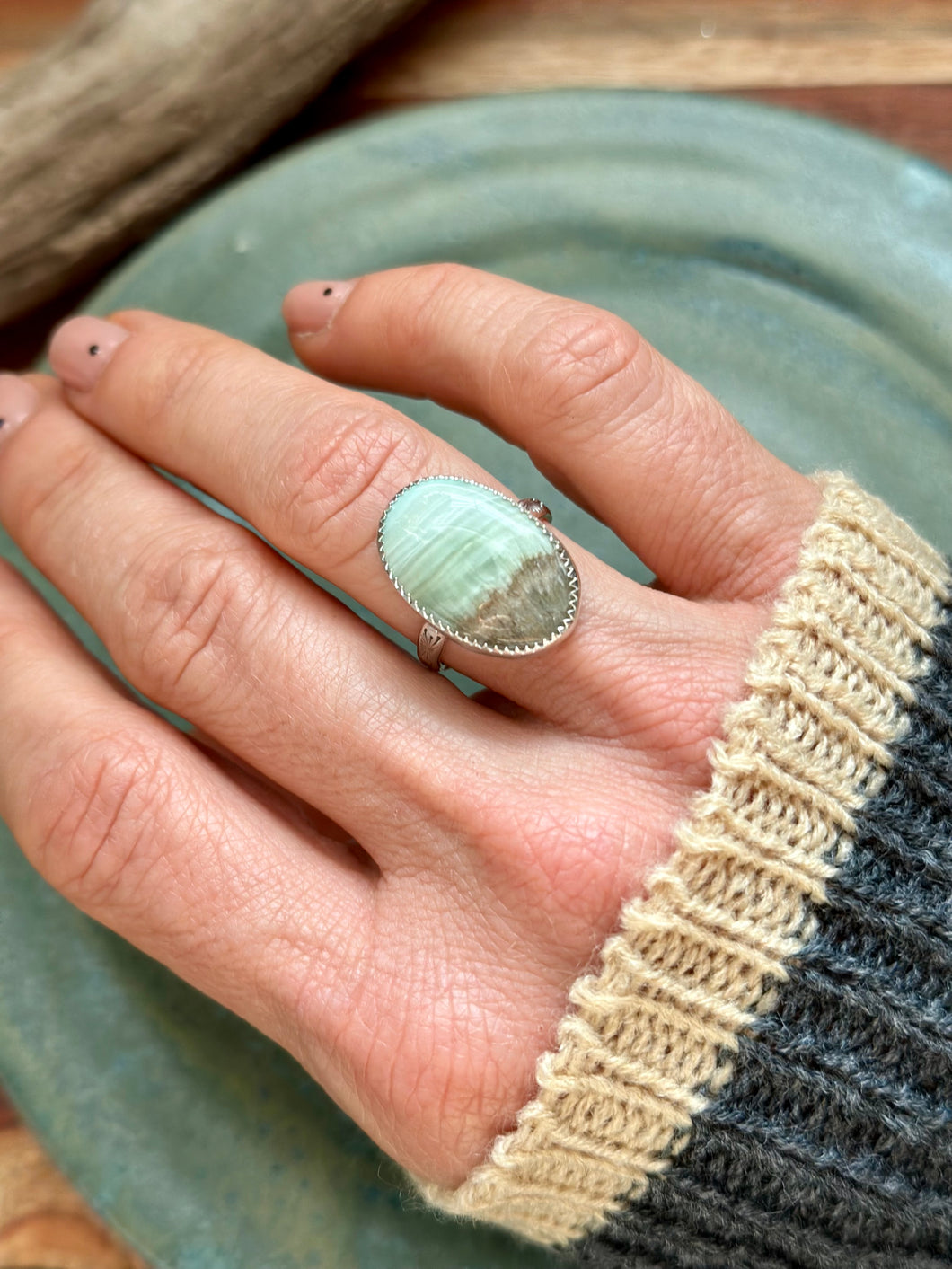 Green Argonite, Sterling Silver, Sz 7.25