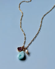Load image into Gallery viewer, Ocean Waves Freshwater Pearl, Larimar And Ruby 14k Gold Fill Necklace
