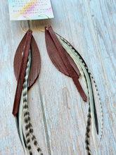 Load image into Gallery viewer, Light As A Feather FUN Garnet GAMEDAY Rooster Feather Gold Hoop Earrings
