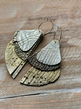 Load image into Gallery viewer, Golden Gals Paisley Leather Dangles, Gold Hypoallergenic Hoops

