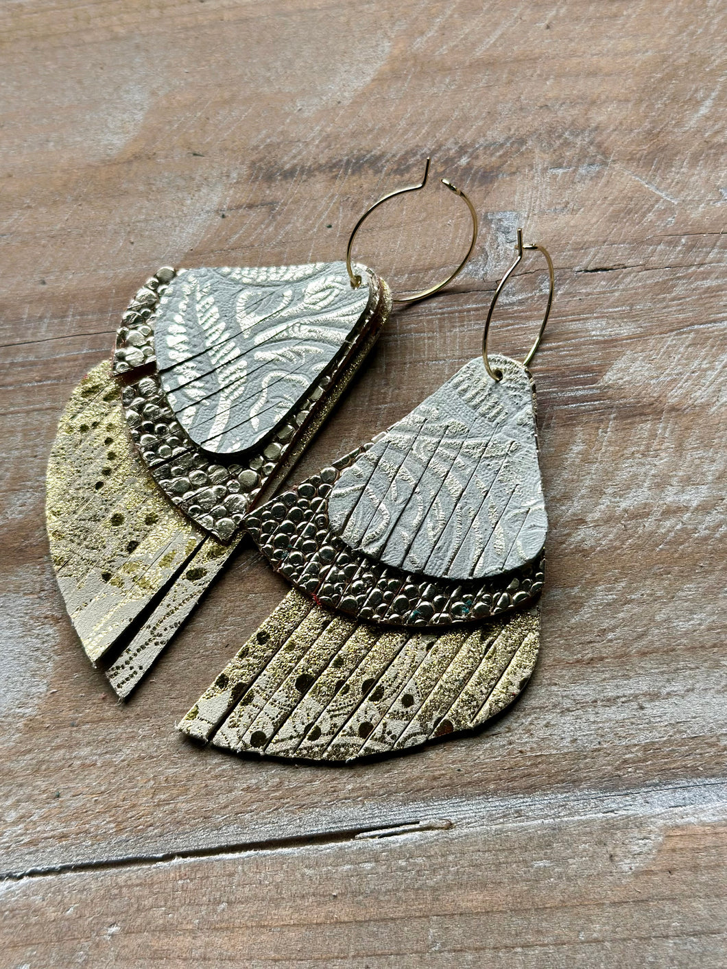 Golden Gals Paisley Leather Dangles, Gold Hypoallergenic Hoops