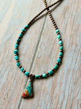 Load image into Gallery viewer, Spiny Oyster Mohave ans Sleeping Beauty Turquoise and Rustic Copper Forever Necklace
