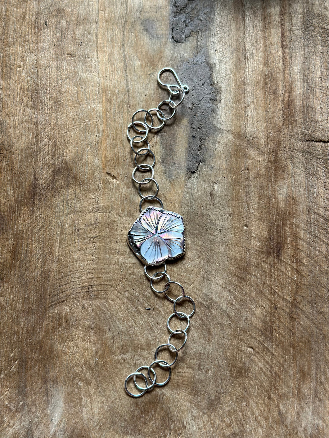 Low Tide Rainbow Tahitian Mother of Pearl Sterling Silver Flower Bracelet