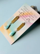 Load image into Gallery viewer, Mixed Metal Natural Larimar and Abstract Brass Dangle Earrings

