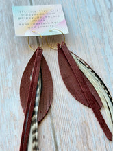 Load image into Gallery viewer, Light As A Feather FUN Garnet GAMEDAY Rooster Feather Gold Hoop Earrings
