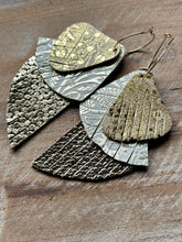 Load image into Gallery viewer, Golden Gals Paisley Leather Dangles, Gold Hypoallergenic Hoops
