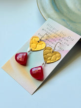 Load image into Gallery viewer, Treasure Trunk Mixed Hot Pink Chalcedony and Pebbled Brass Heart Dangle Earrings
