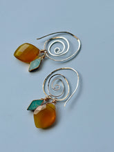 Load image into Gallery viewer, Treasure Trunk Mixed Metal, Amazonite and Yellow Chalcedony Gemstone Hammered Dangle Earrings
