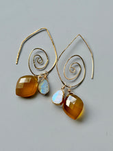 Load image into Gallery viewer, Treasure Trunk Mixed Metal, Moonstone and Yellow Chalcedony Gemstone Hammered Dangle Earrings
