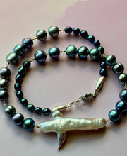 Load image into Gallery viewer, Mermaid Whale Cross Pearl and Iridescent Peacock Pearl Statement Necklace
