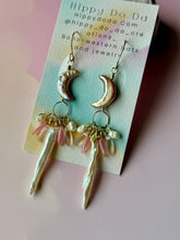 Load image into Gallery viewer, Mermaid Iridescent Crescent Moon Gold Fill Dangle Earrings
