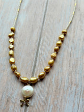 Load image into Gallery viewer, Golden Bow and Freshwater Pearl Petite Gold Fill Necklace
