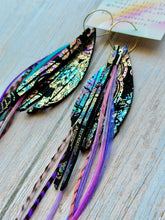 Load image into Gallery viewer, Light As A Feather FUN Iridescent Black Paisley Rooster Feather Gold Hoop Earrings
