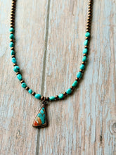 Load image into Gallery viewer, Spiny Oyster Mohave ans Sleeping Beauty Turquoise and Rustic Copper Forever Necklace
