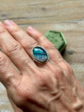 Load image into Gallery viewer, Terrarium Bodhi Leaf Skeleton Inay ans Aurora Opal Sterling Silver Ring, size 7.25
