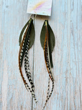 Load image into Gallery viewer, Light As A Feather FUN Dark Olive Green Rooster Feather Gold Hoop Earrings
