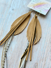 Load image into Gallery viewer, Light As A Feather FUN Tan Nubuck Rooster Feather Gold Hoop Earrings
