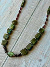 Load image into Gallery viewer, Green Flashy Labradorite and Garnet Gemstone Beaded Necklace
