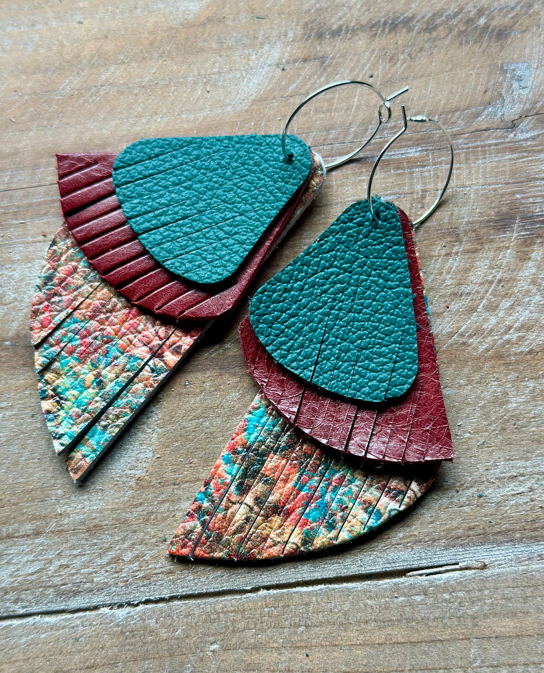 Warm Autumn Leather Dangles, Silver Hypoallergenic Hoops