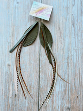 Load image into Gallery viewer, Light As A Feather FUN Dark Olive Green Rooster Feather Silver Hoop Earrings
