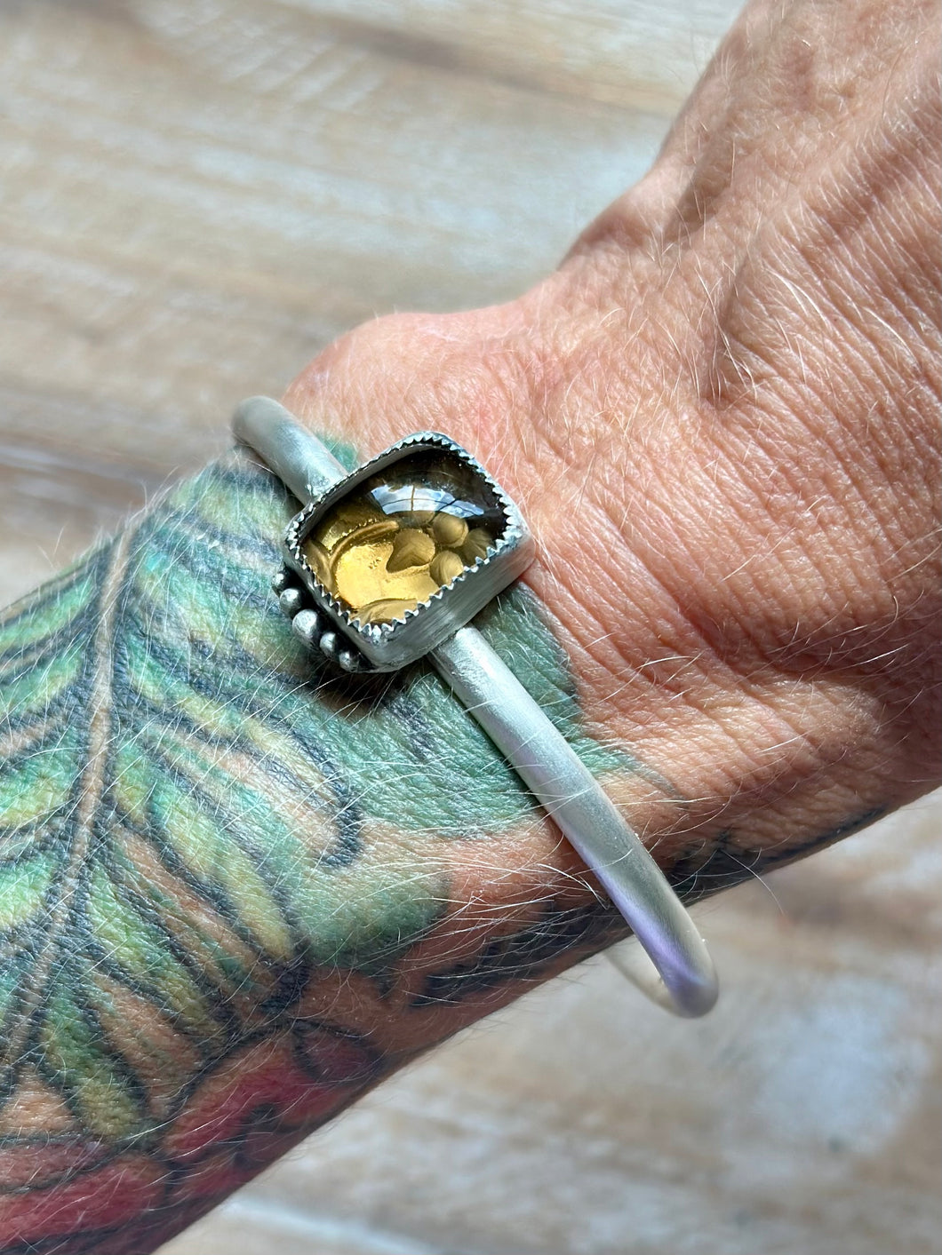Matte Sterling Silver Picturesque Carved Flower in Honey Quartz Cuff Bracelet